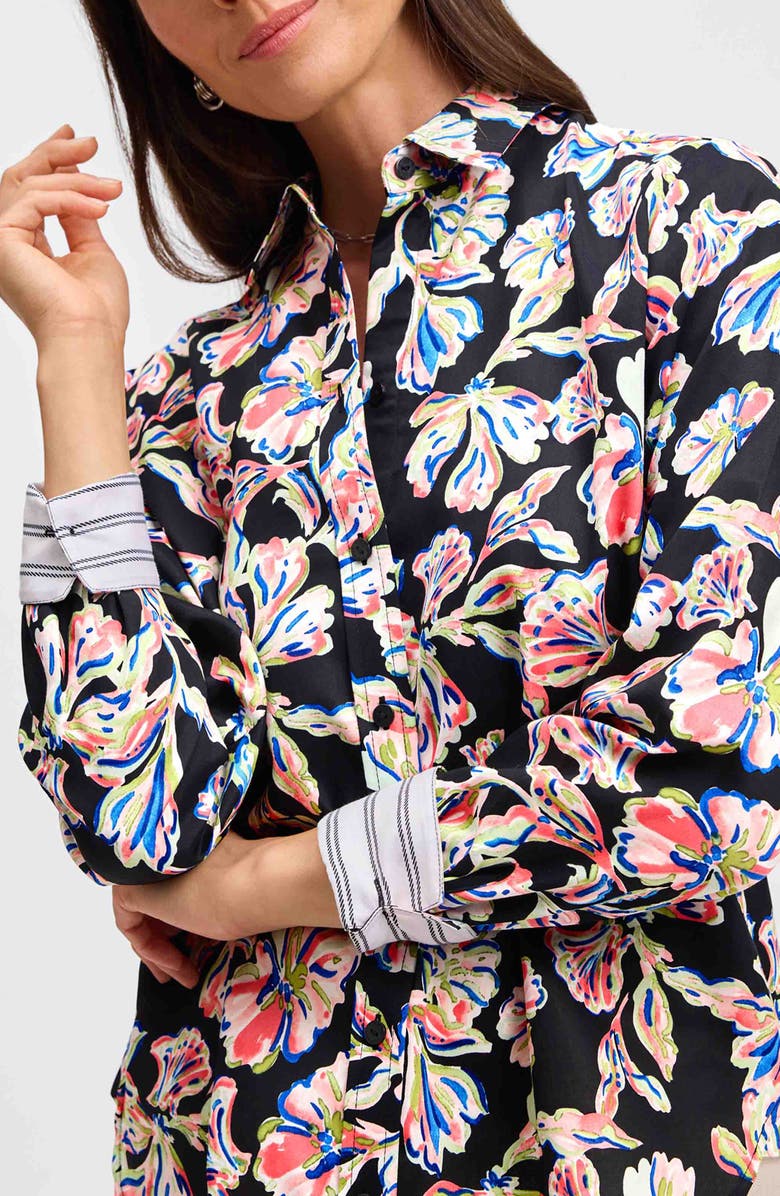 Foxcroft Meghan Floral Print Cotton Button-Up Shirt, Alternate, color, Black Multi