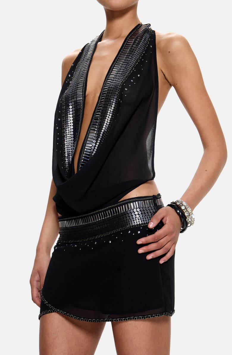 JADED LONDON Sequin Cowl Plunge Open Back Minidress, Alternate, color, Black