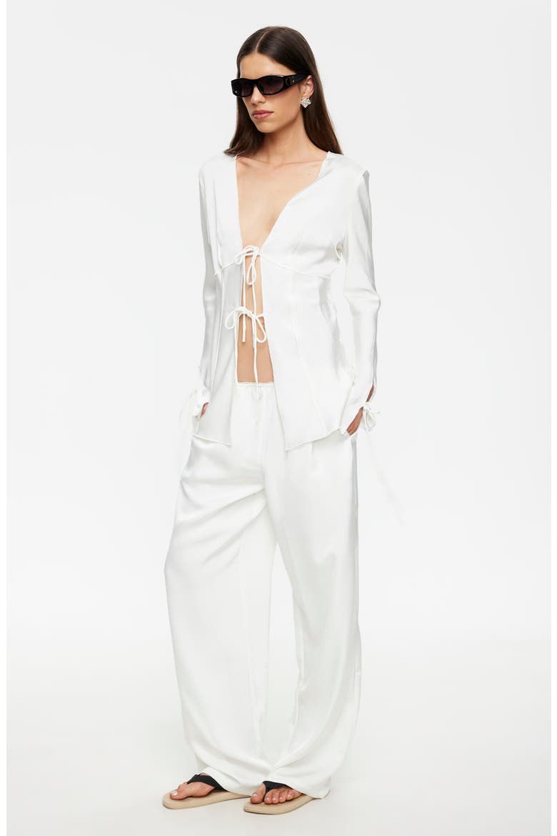 Veil Tie Front Plunge Neck Satin Top, Alternate, color, PORCELAIN