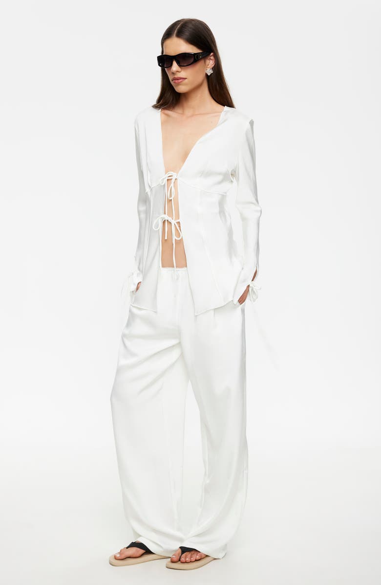 LIONESS Veil Tie Front Plunge Neck Satin Top, Alternate, color, Porcelain