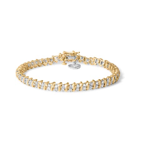 10K Yellow Gold 2.0 Cttw Diamond 2 Row Link and Heart Charm Link Bracelet