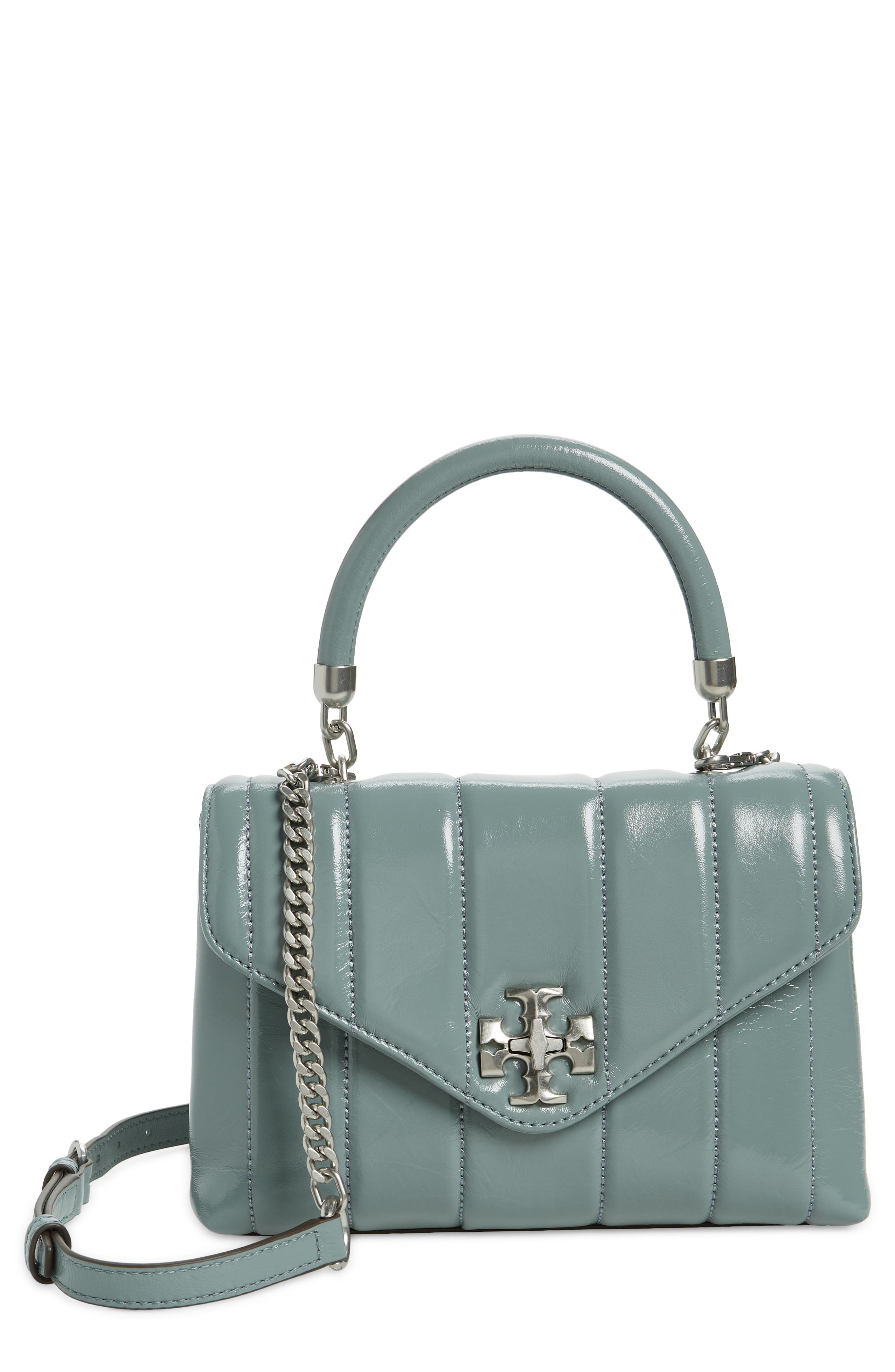 Tory Burch Kira Small Quilted Patent Leather Satchel, Main, color, Light Arctic