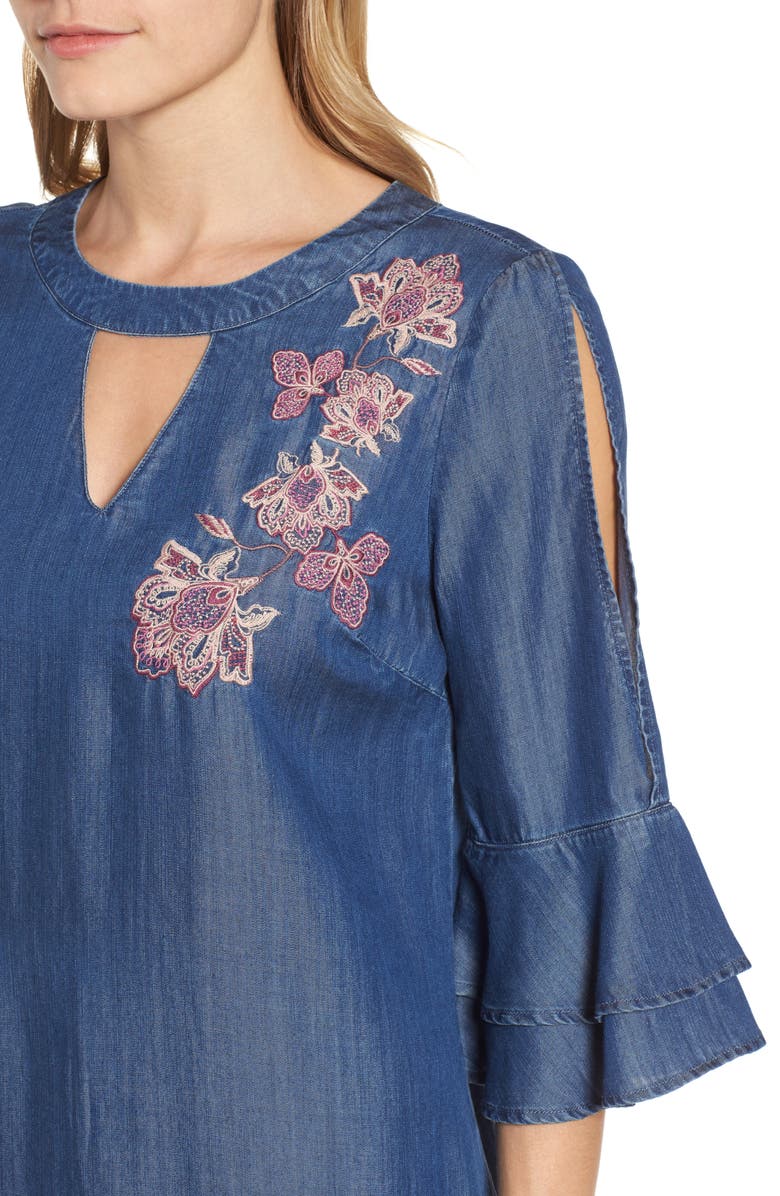 Billy T Embroidered Chambray Keyhole Dress, Alternate, color, 