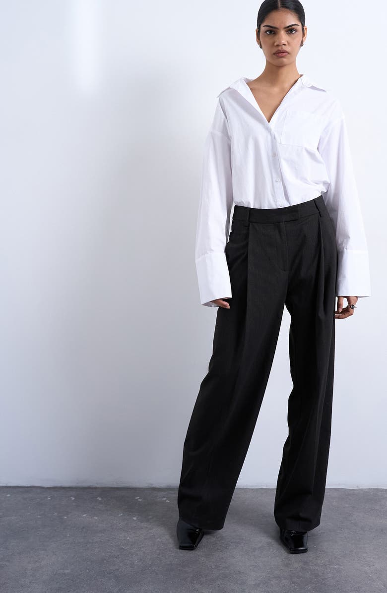 Topshop Pinstripe Pleated Wide Leg Pants, Alternate, color, Brown