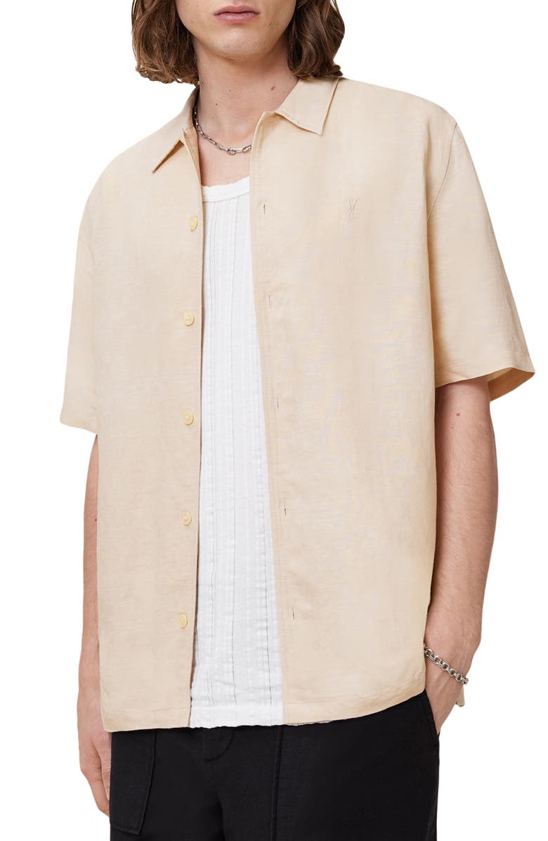 AllSaints Bandol Short Sleeve Linen Blend Button-Up Shirt, Main, color, Hammock Taupe
