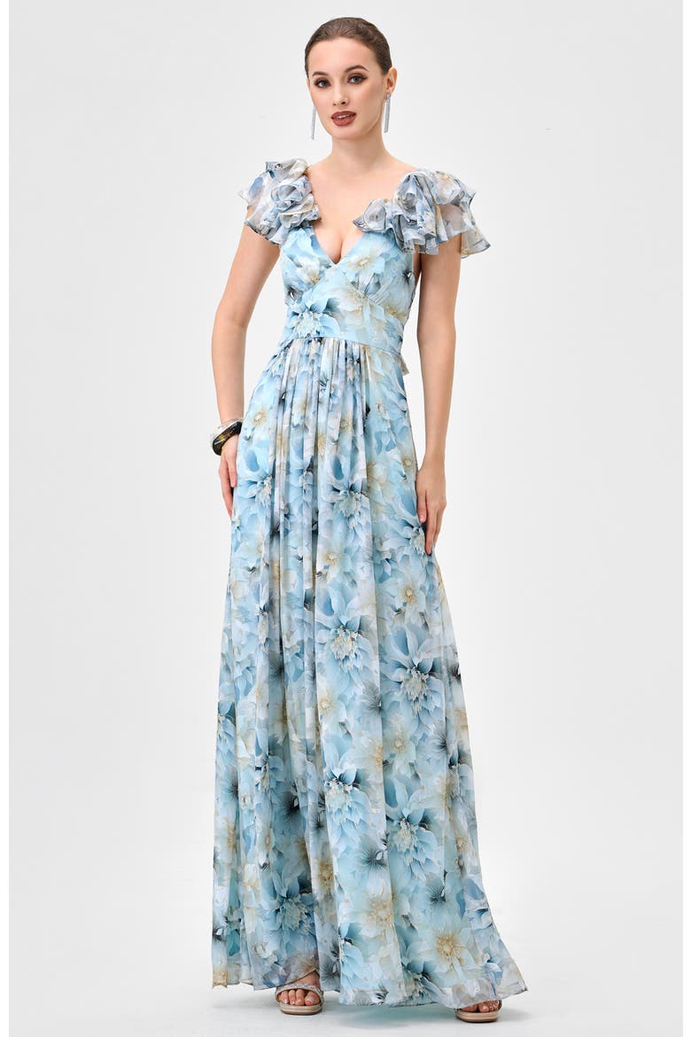 Markova Frill Shoulder Maxi, Main, color, BLUE/SILVER PRINT