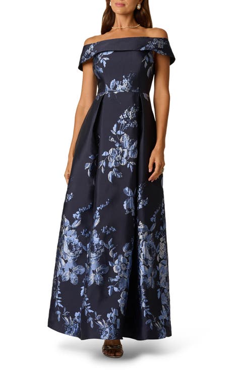 Metallic Floral Jacquard Off the Shoulder Gown