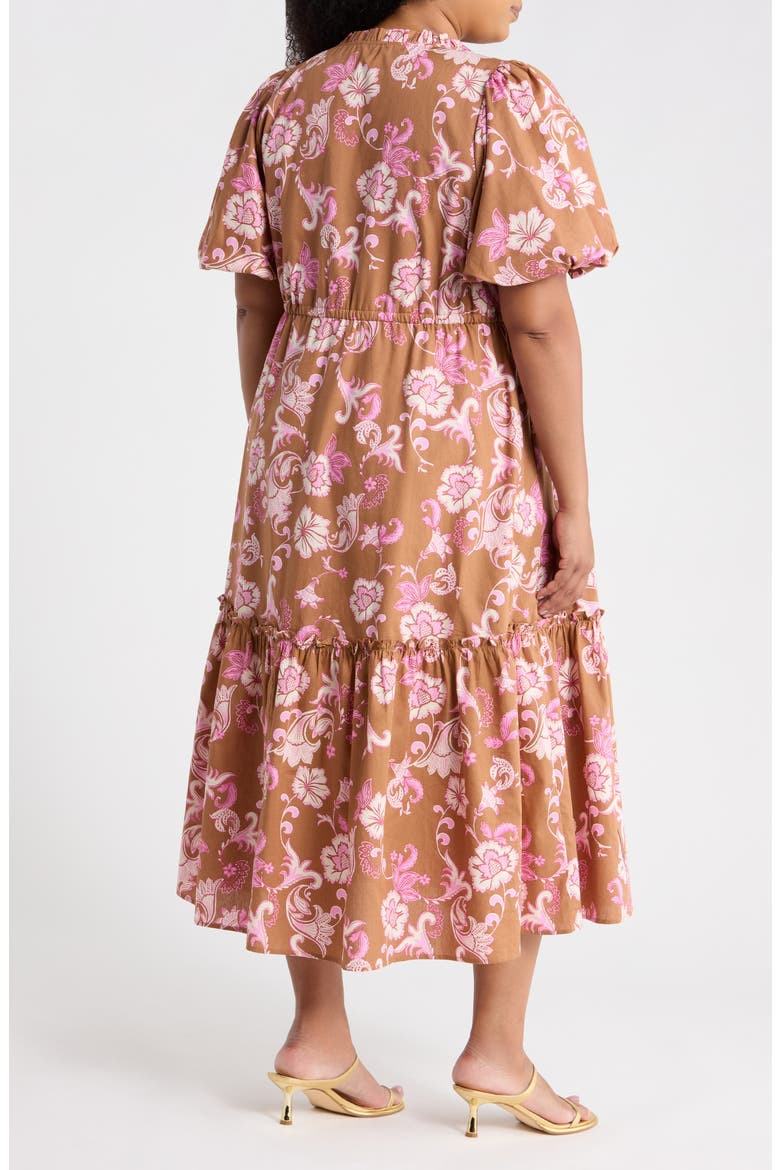 Ginny Bubble Sleeve Midi Dress, Alternate, color, BROWN-MULTI
