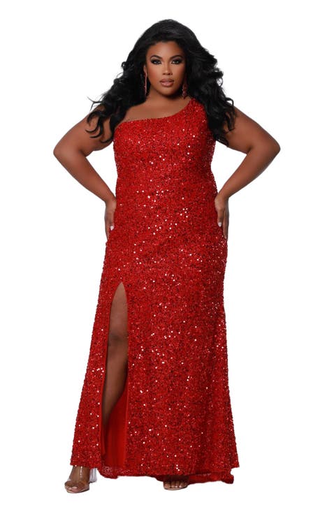 One-Shoulder Sequin Plus Size Evening Gown