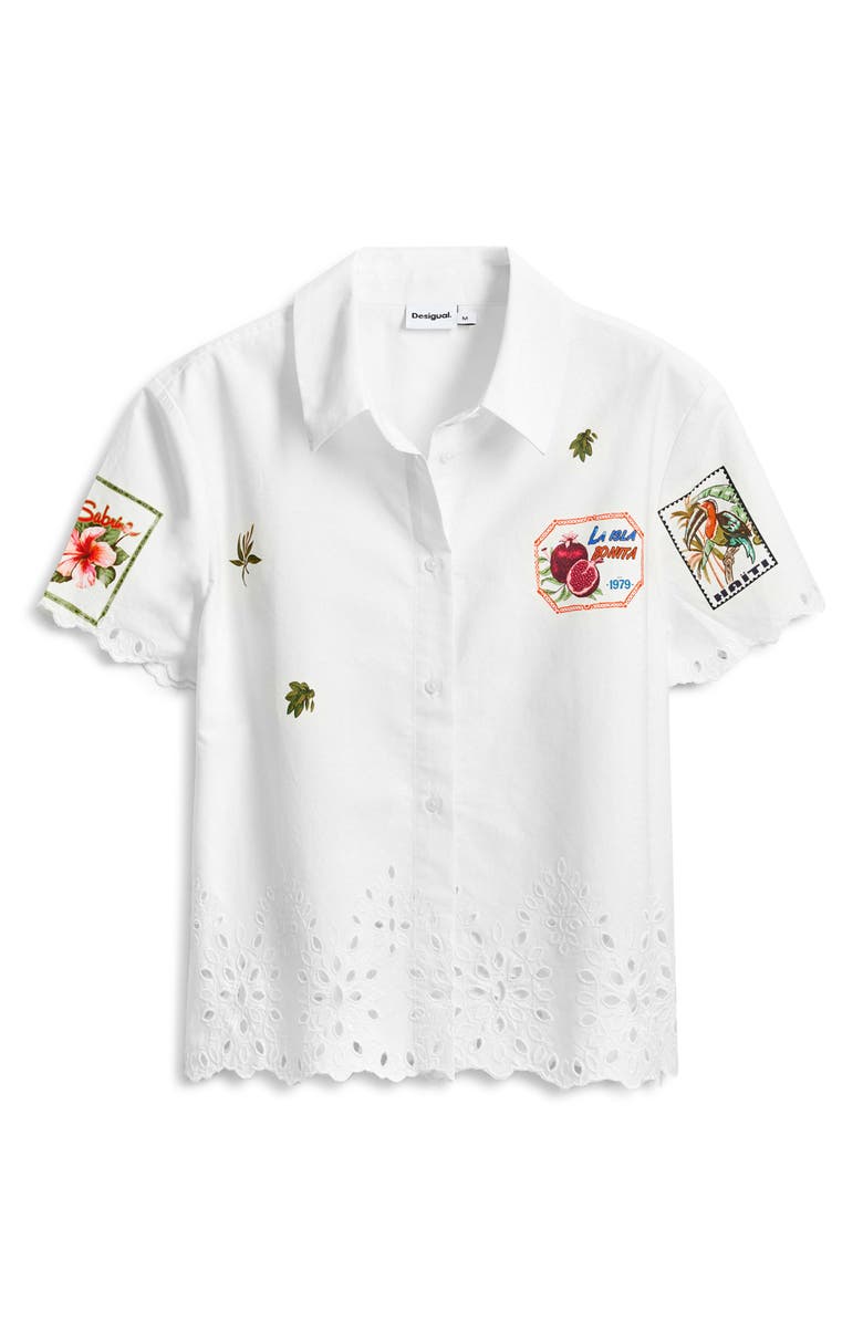 Desigual Embroidered Eyelet Short Sleeve Cotton Button-Up Shirt, Alternate, color, 