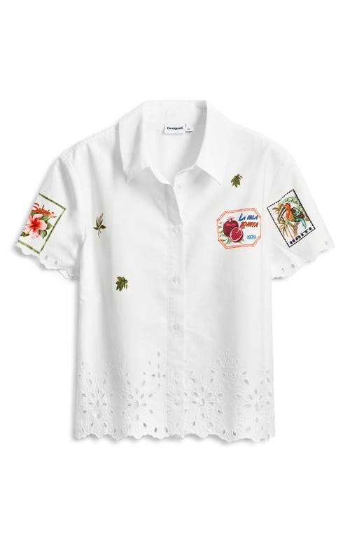 Desigual Embroidered Eyelet Short Sleeve Cotton Button-up Shirt In White