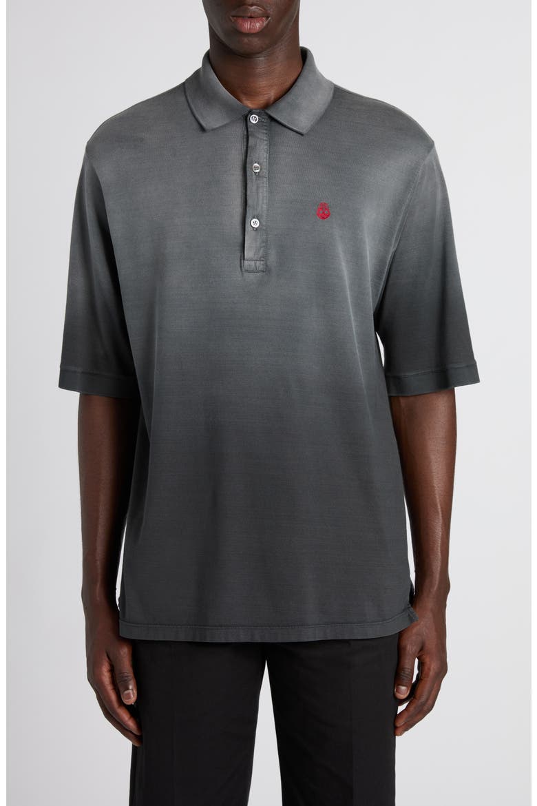 Embroidered Skull Ombré Oversize Cotton Polo, Main, color, BLACK