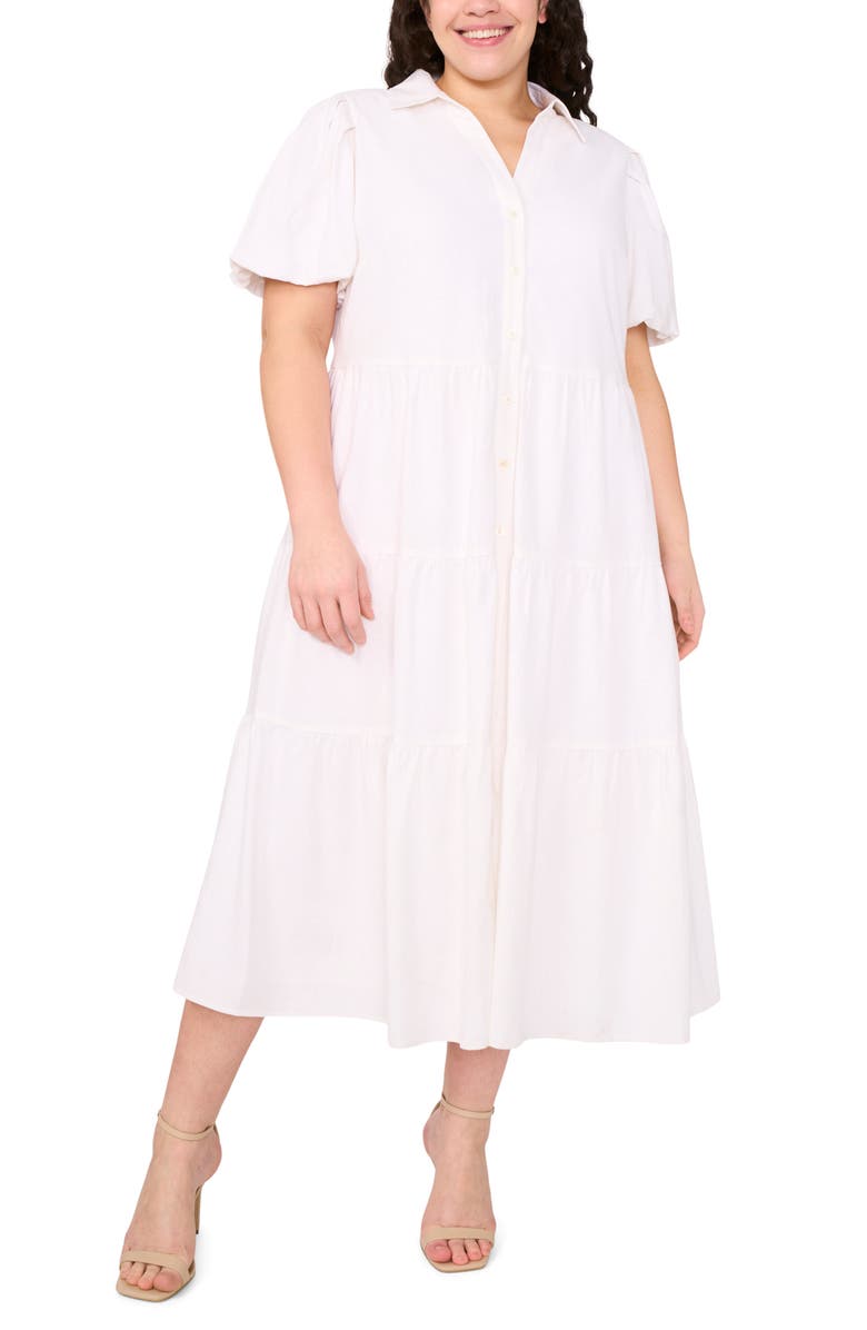CeCe Puff Sleeve Tiered Linen Blend Maxi Shirtdress, Main, color, Ultra White