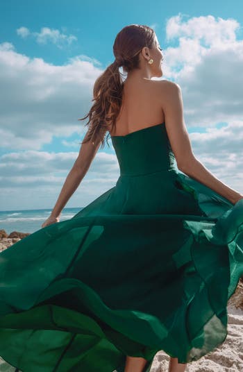 Strapless Ruffle Detail Metallic Organza Gown