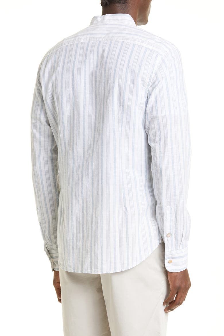 Stripe Mandarin Collar Cotton & Linen Shirt, Alternate, color, BLUE