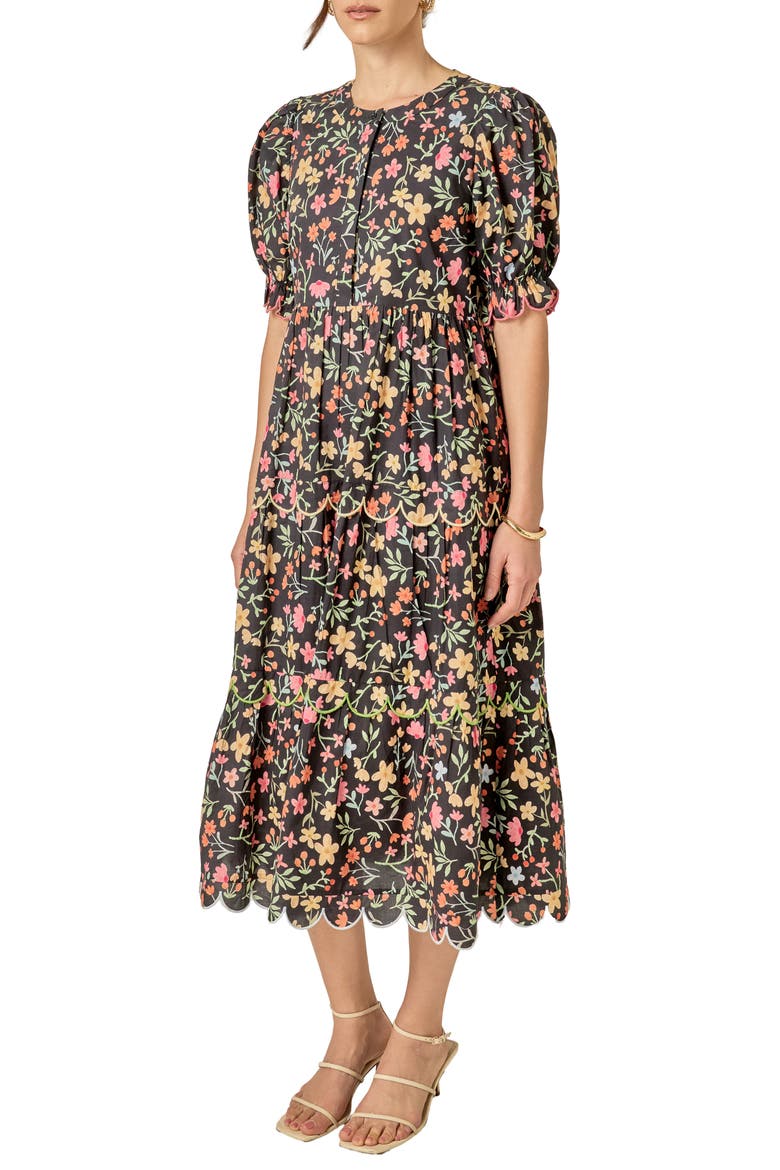 Scallop Edge Floral Print Midi Dress, Alternate, color, BLACK
