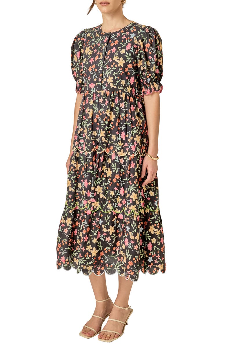 English Factory Scallop Edge Floral Print Midi Dress, Alternate, color, Black