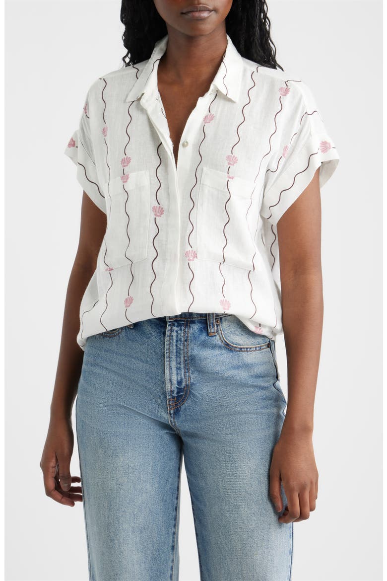 Cito Seashell Print Linen Blend Button-Up Shirt, Main, color, STRIPED SEASHELLS