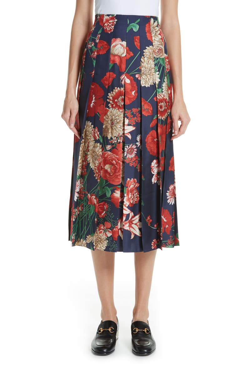 Spring Bouquet Print Silk Pleated Skirt, Main, color, BLUE/ RED PRINT