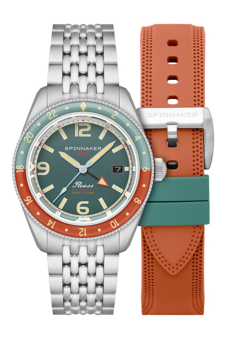 Fleuss GMT Automatic Bracelet Watch, 43mm, Main, color, GREEN