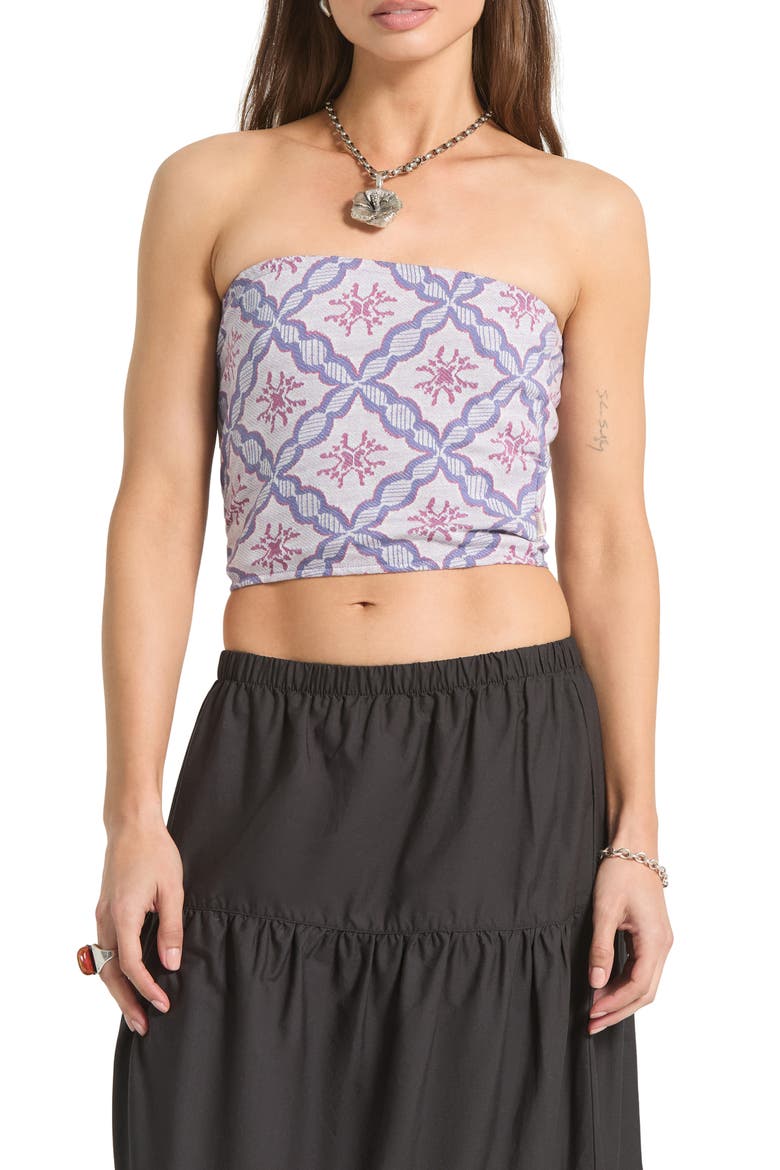 Hot to Go Tile Print Strapless Cotton Crop Top, Main, color, OFF WHITE/ BLUE TILE