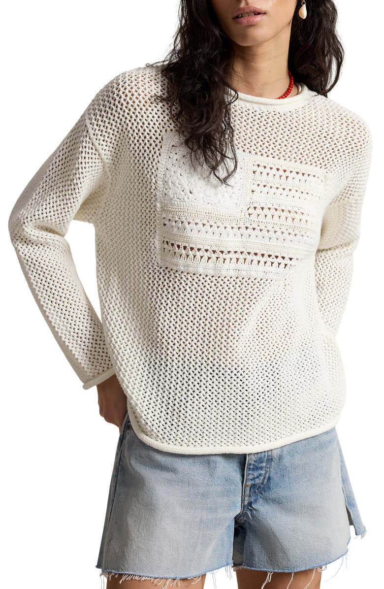 Polo Ralph Lauren Tonal Flag Mixed Open Stitch Cotton Sweater, Main, color, White Multi