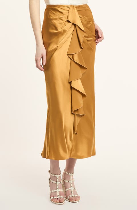 Cynthia Ruffle Ruched Silk Midi Skirt