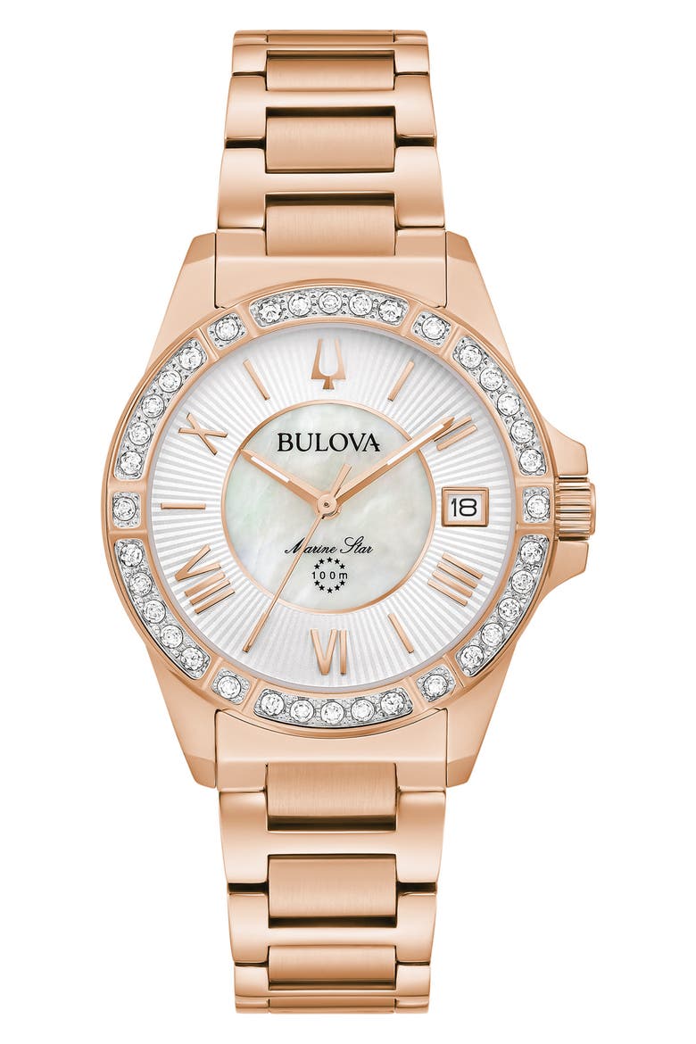 Marine Star Diamond & Mother-of-Pearl Bracelet Watch, 32mm, Main, color, ROSE GOLD