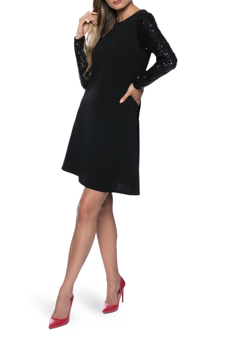 Sequin Long Sleeve Shift Dress, Main, color, BLACK