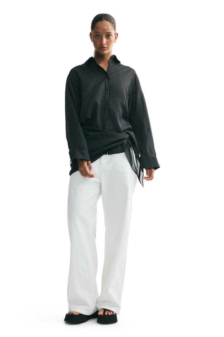 Scarf-detail Shirt, Alternate, color, Black/pinstriped
