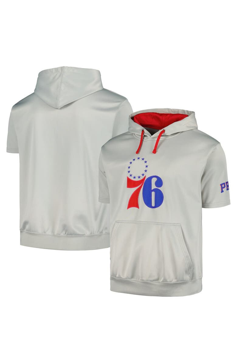 FANATICS Men's Fanatics Branded Silver/Red Philadelphia 76ers Short Sleeve Pullover Hoodie, Main, color,