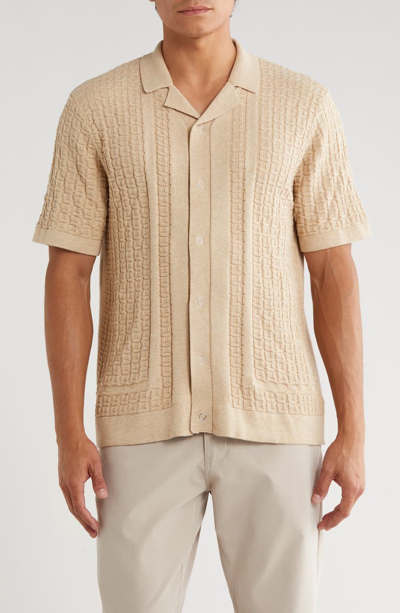 TRUTH Camp Collar Short Sleeve Snap Front Sweater, Main, color, Sand Heather