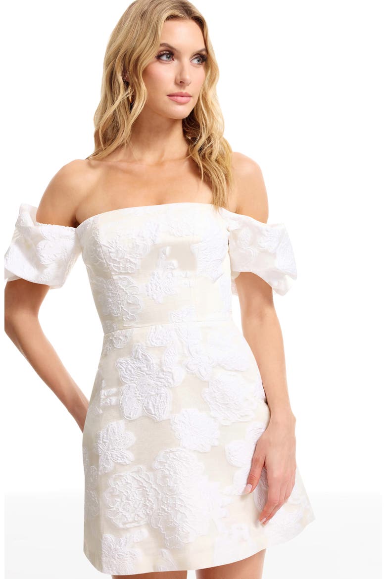 Beckett Floral Jacquard Off the Shoulder Cocktail Minidress, Alternate, color, WHITE
