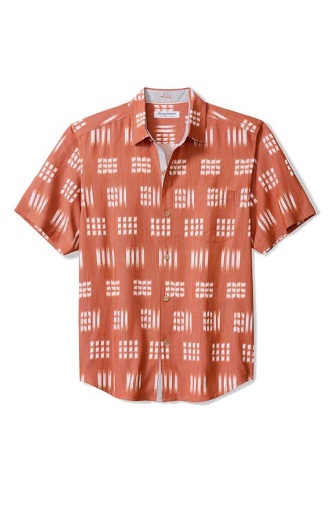 Coastal Ease Aqua Kay Ikat Print IslandZone® Short Sleeve Button-Up Shirt (Big & Tall)