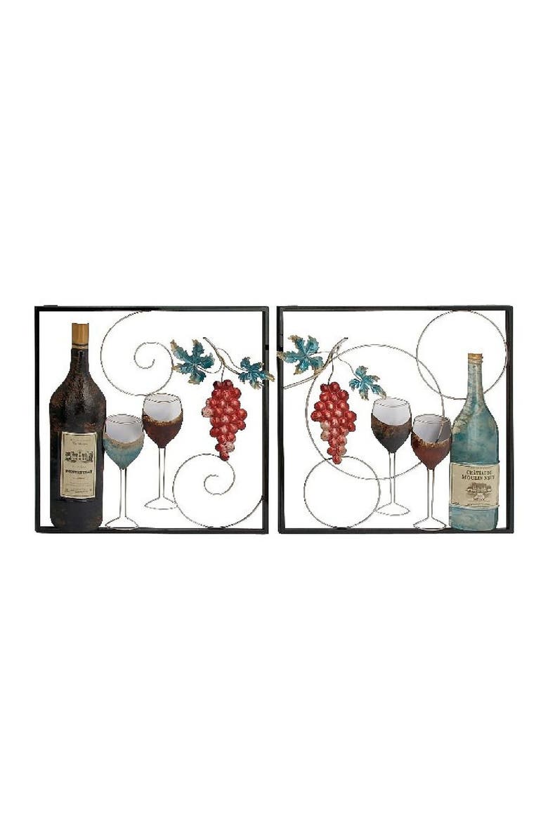 WILLOW ROW Traditional Framed Wine Bottle & Glasses Iron Wall Decor - Set of 2, Alternate, color, 