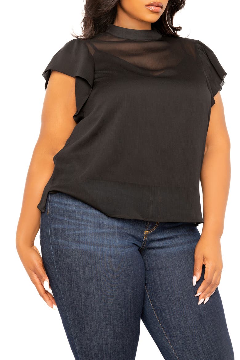 Ruffle Sleeve Top, Alternate, color, BLACK