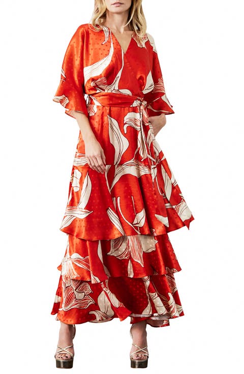 Calix Floral Dot Jacquard Tiered Satin Maxi Dress