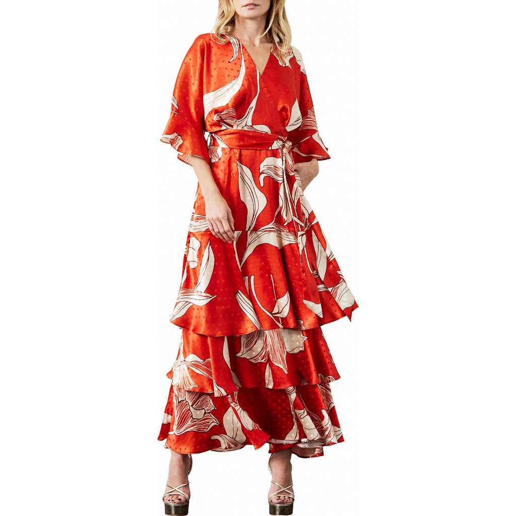 CIEBON Calix Floral Dot Jacquard Tiered Satin Maxi Dress in Coral Red Multi  product