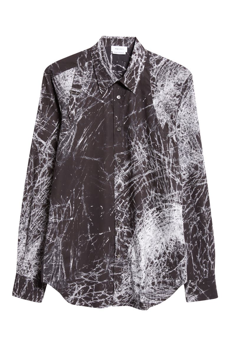 Harness Smashed Screen Print Button-Up Shirt, Alternate, color, BLACK