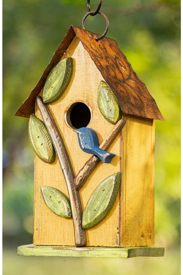 10"H Multicolor Cute Distressed Solid Wood Birdhouse with 3D Flowers, Alternate, color, Yellow