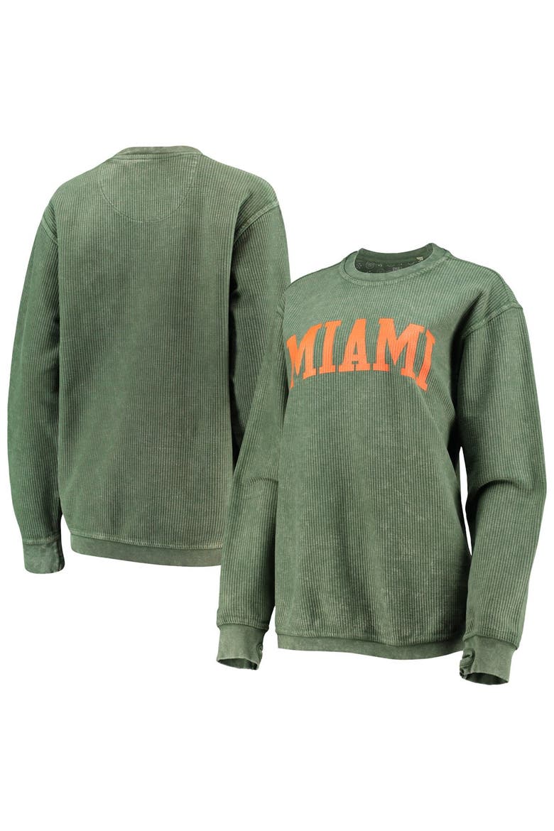 Women's Pressbox Green Miami Hurricanes Comfy Cord Vintage Wash Basic Arch Pullover Sweatshirt, Main, color, Hunter Green