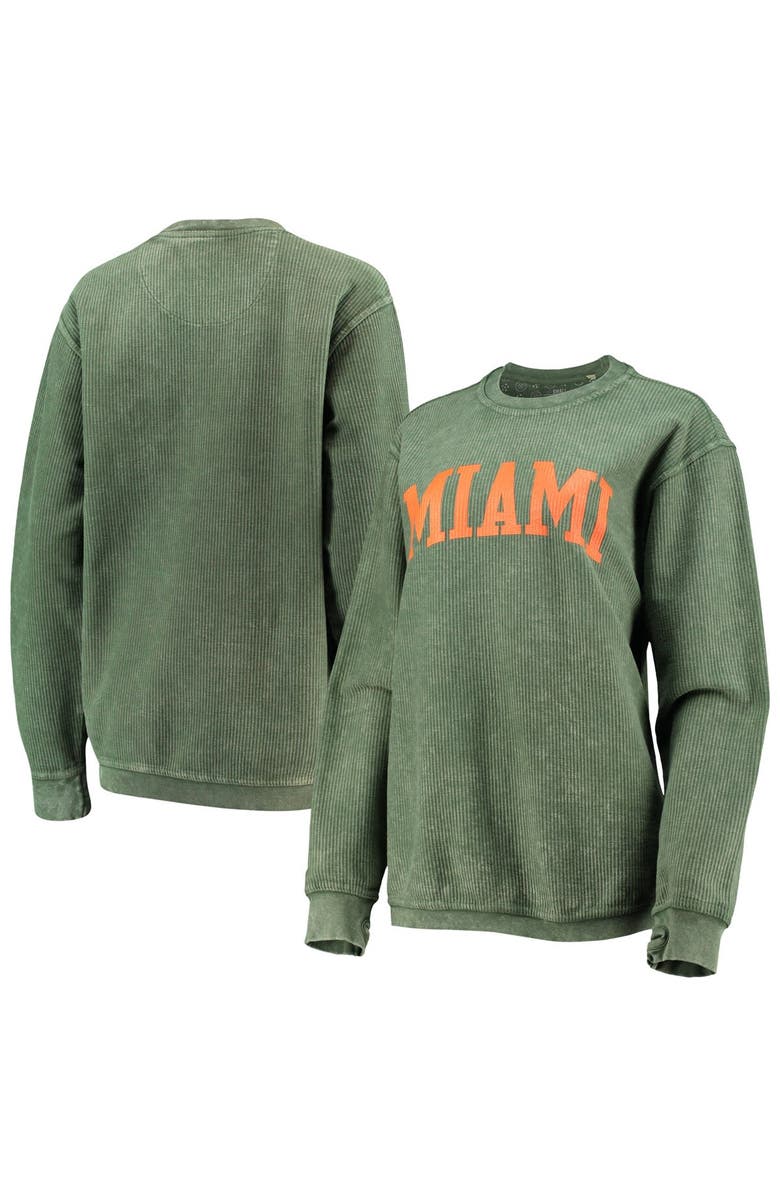 PRESSBOX Women's Pressbox Green Miami Hurricanes Comfy Cord Vintage Wash Basic Arch Pullover Sweatshirt, Main, color, Hunter Green