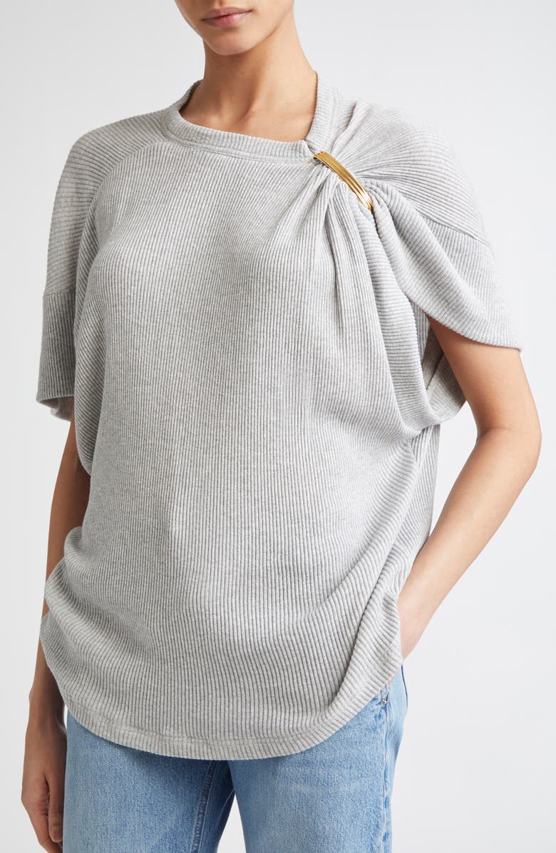 Brandon Maxwell The Faye Asymmetric Rib T-Shirt, Alternate, color, Heather Grey/ Gold