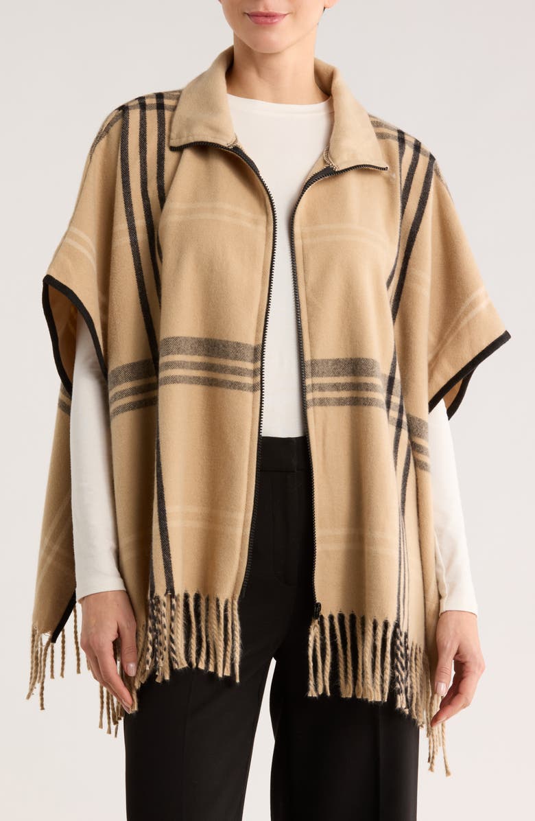 Vince Camuto Plaid Zip Front Ruana, Main, color, Neutral