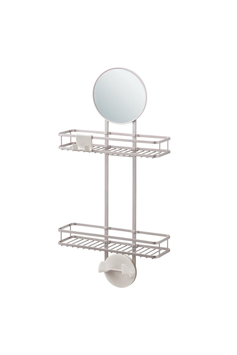 Self-Adhesive Shower Caddy with Mirror & Hooks - Satin, Main, color, Satin Silver
