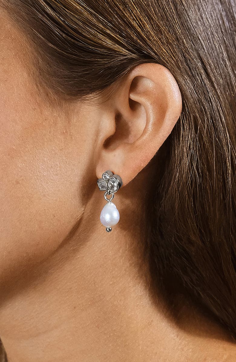 Sterling Forever Penny Cubic Zirconia Cluster & Freshwater Pearl Drop Earrings, Alternate, color, Silver