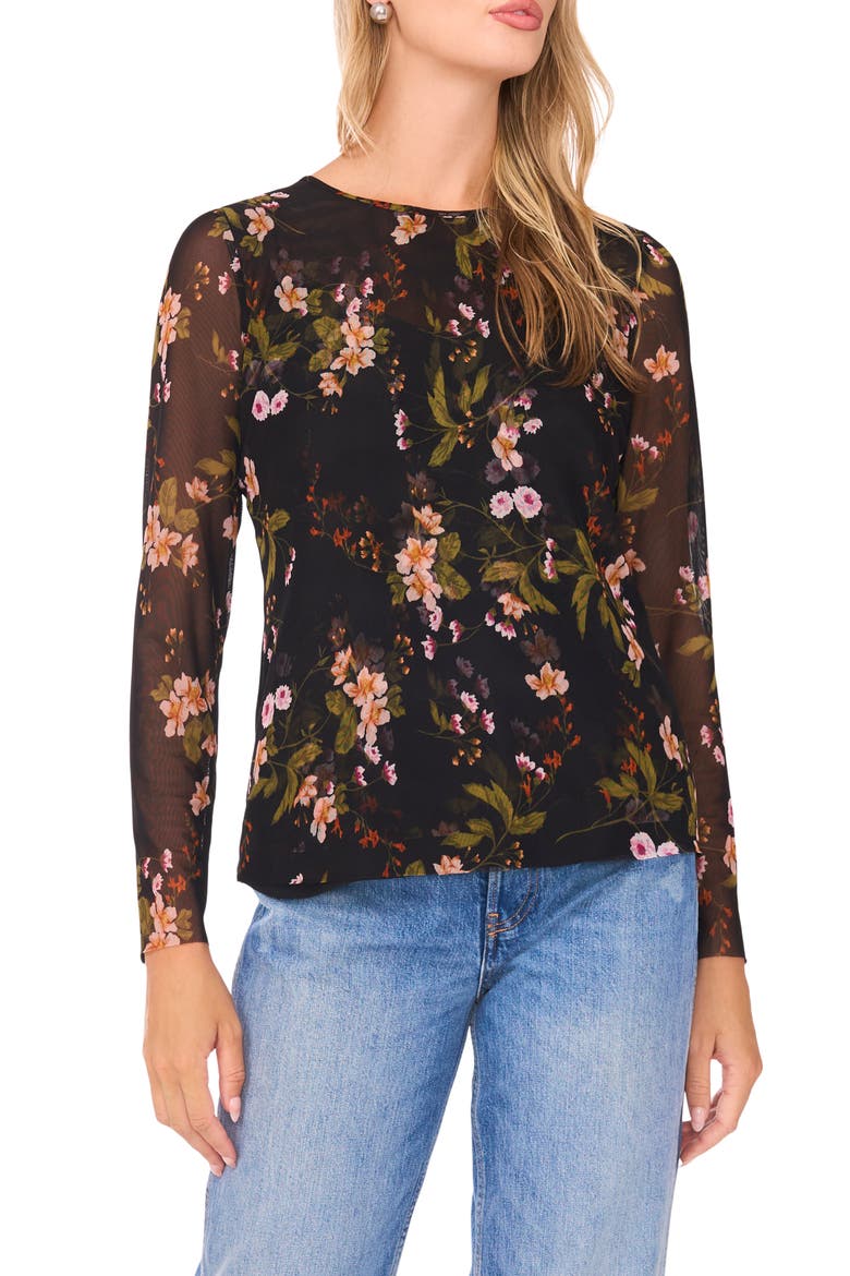 Floral Long Sleeve Mesh Top, Main, color, RICH BLACK