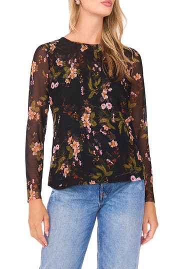 Ted Baker Floral Long Sleeve Mesh Top In Black