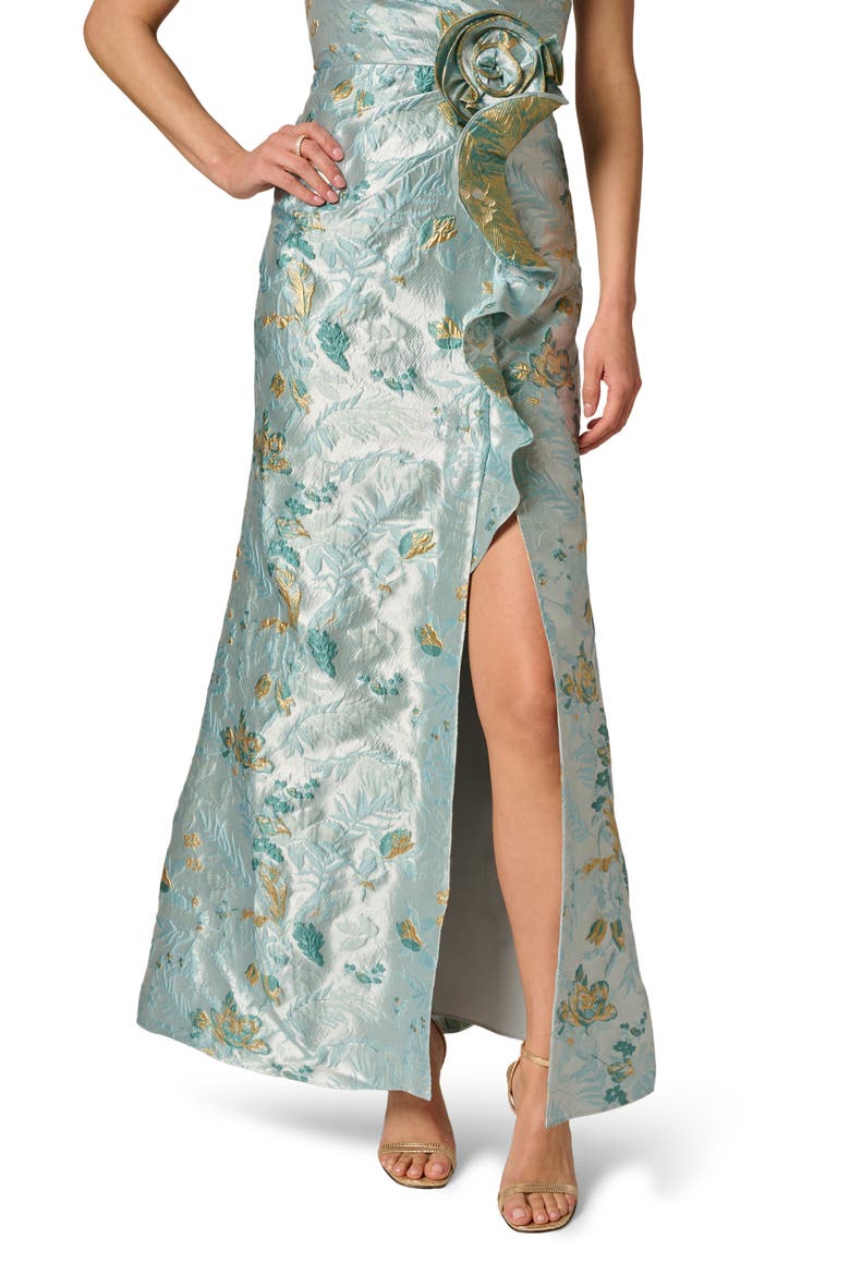 One-Shoulder Rosette Metallic Jacquard Slit Gown, Alternate, color, BLUE MULTI