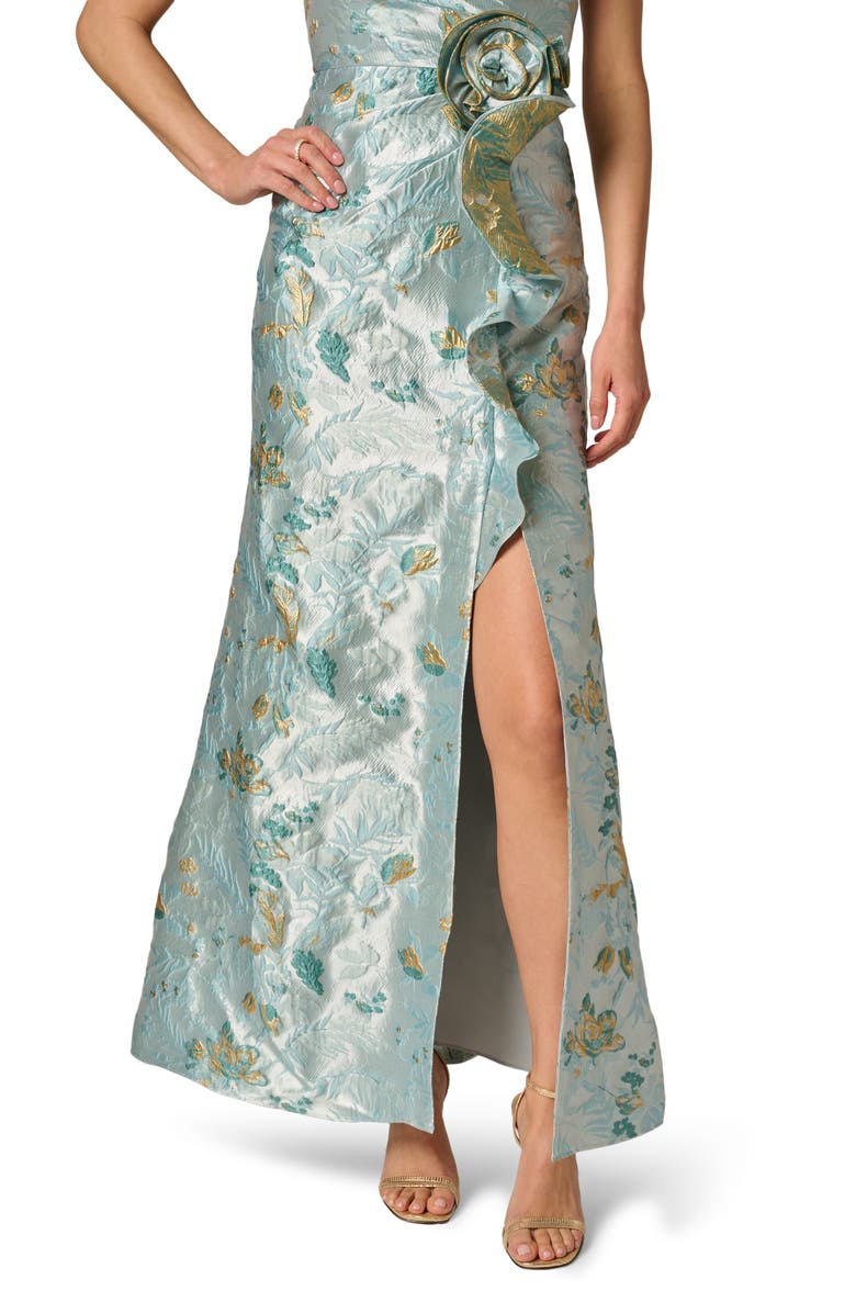 Adrianna Papell One-Shoulder Rosette Metallic Jacquard Slit Gown, Alternate, color, 